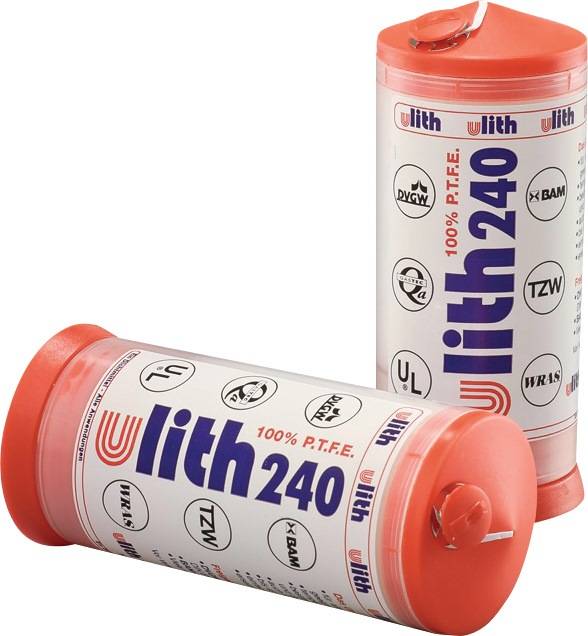 Zwei Rollen LITH 240 100% P.T.F.E. Klebeband in durchsichtigen Behältern mit roten Kappen, eine aufrecht stehend und eine liegend.