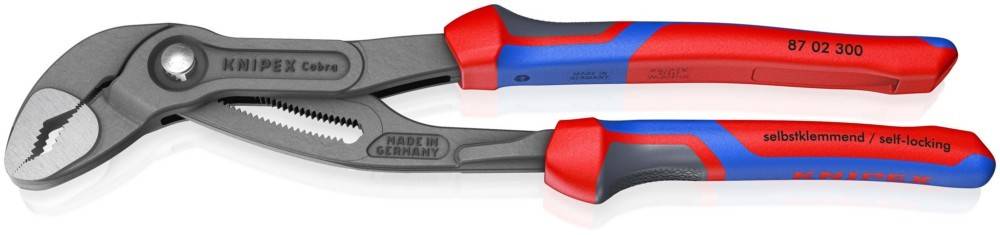 Paar Knipex-Zangen mit rot-blauen Griffen, bestehend aus einer verstellbaren Spitzenzange und einer Standard-Wasserpumpenzange, nebeneinander dargestellt.