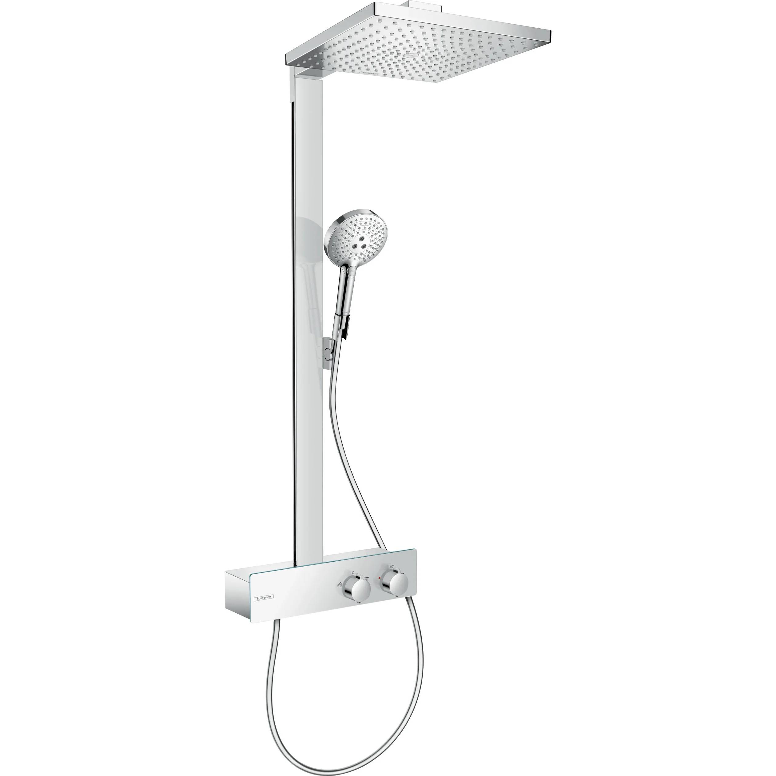 Modernes Chromduschsystem mit quadratischem Regenduschkopf, Handbrausekopf und Dualsteuerfeld an einer vertikalen Stange.