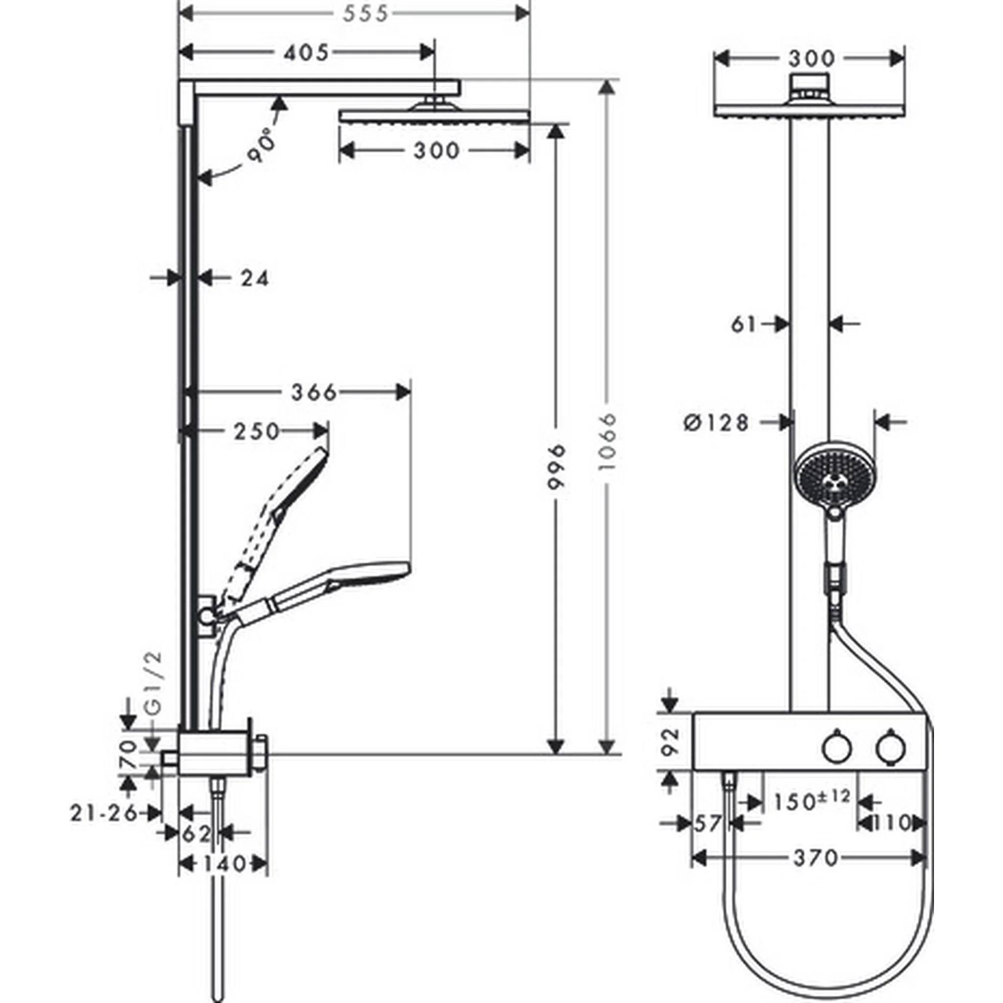 Technisches Duschsystem-Diagramm mit Vorder- und Seitenansicht mit Abmessungen, einschließlich 555 mm Breite, 1066 mm Höhe, 300 mm Kopfstück und 128 mm rundes Duschkopf.