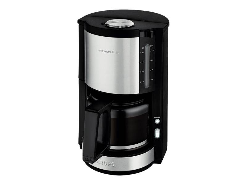 Tropfkaffeemaschine aus schwarzem und Edelstahl mit Glaskanne, vorderer Griff, Wasserstands-Anzeigescheibe und Brau-Kontrollelementen.