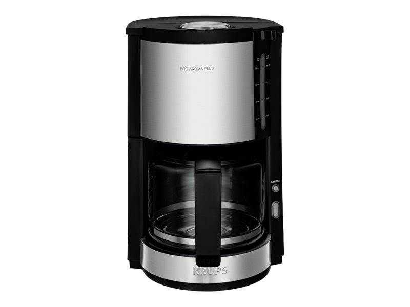 Schwarze und silberne KRUPS-Kaffeemaschine mit Glaskanne, Fronttür und Wasserstandsfenster.