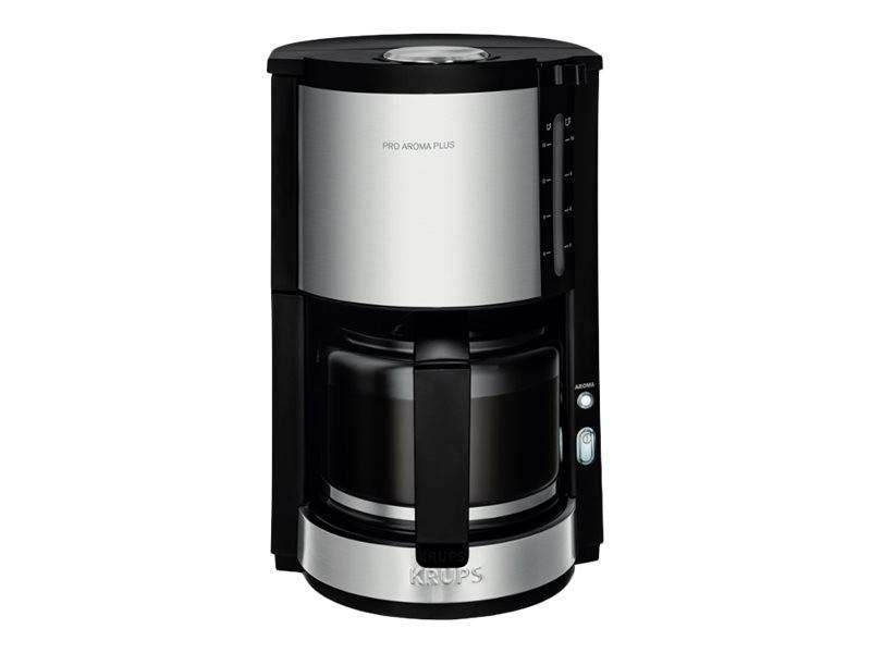 Schwarze und silberne Krups-Tropfkaffeemaschine mit Glaskanne und seitlichem Wasserstandsanzeiger, Frontansicht auf weißem Hintergrund.