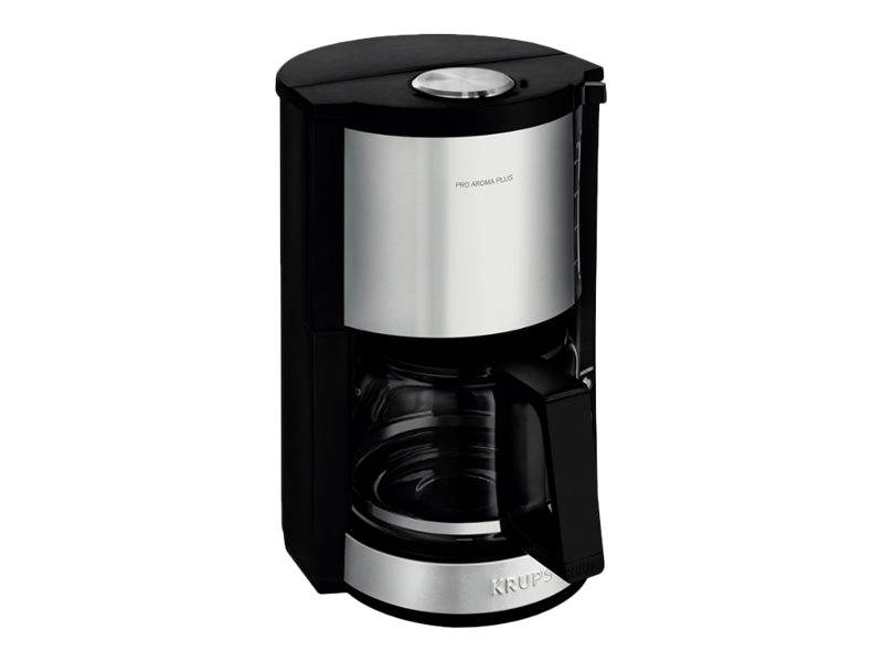 Schwarze und silberne Tropfkaffeemaschine mit Glaskanne und geöffneter Frontür, gezeigt vor weißem Hintergrund.