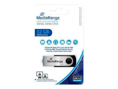 MediaRange 32 GB USB 2.0 Speicherstick mit Schwenkbügel und Produktsymbolen auf weiß-blauer Verpackung.