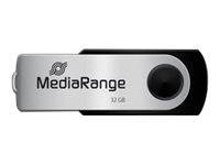 MediaRange 32-GB-USB-Stick mit silbernem und schwarzem Gehäuse und schwarzer Kappe.