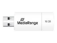 Ein weißes MediaRange-USB-Speicherstick mit einer Kennzeichnung von 16 GB, gezeigt mit dem teilweise ausgefahrenen Metallstecker.
