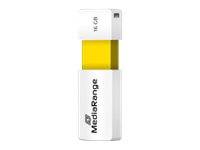 Weiß-gelbes MediaRange USB-Speicherstick, beschriftet mit 16 GB.