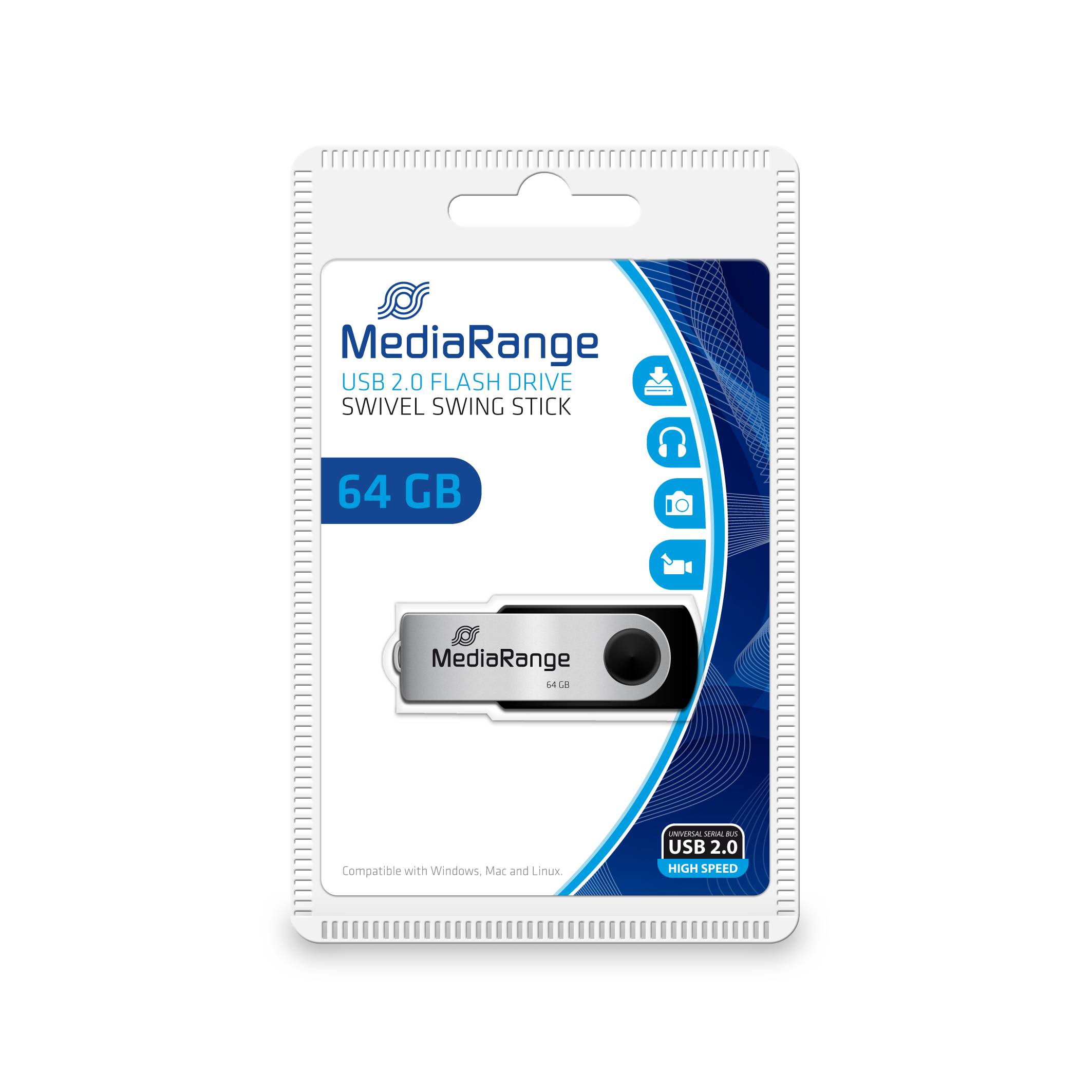Packung eines MediaRange 64 GB USB 2.0 Speichersticks, mit der Bezeichnung „Swivel Swing Stick