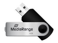 MediaRange USB-Stick mit silbernem und schwarzem Drehverschluss-Design, gezeigt auf weißem Hintergrund.