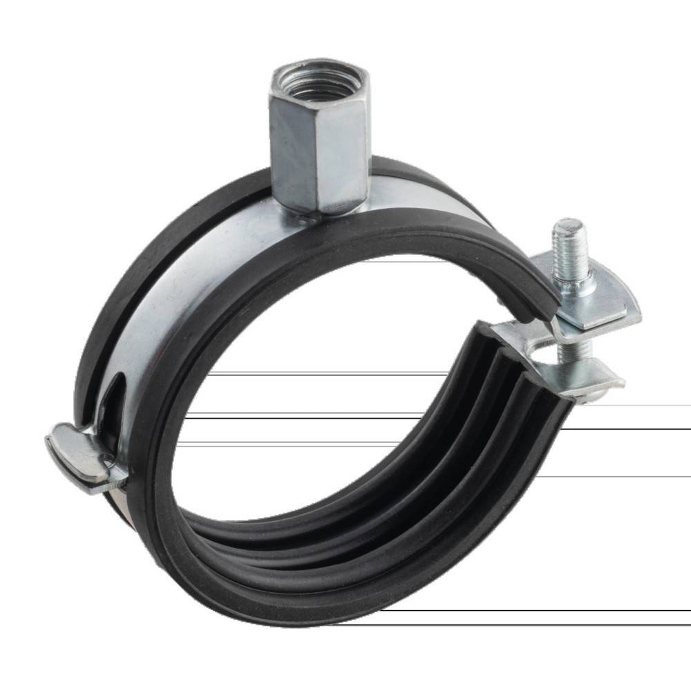 Eine Metallrohrschelle mit Gummierung, ausgestattet mit einer verstellbaren Schraube und einer Sechskantmutter, verwendet zum Befestigen von Rohren und Schläuchen.