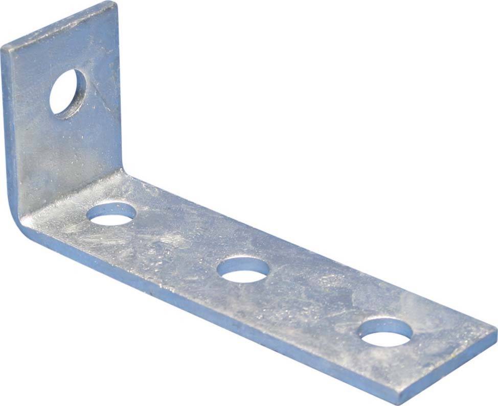 Eine Metallwinkelhalterung in L-Form mit vier runden Löchern, die zur strukturellen Unterstützung oder Befestigung verwendet wird.