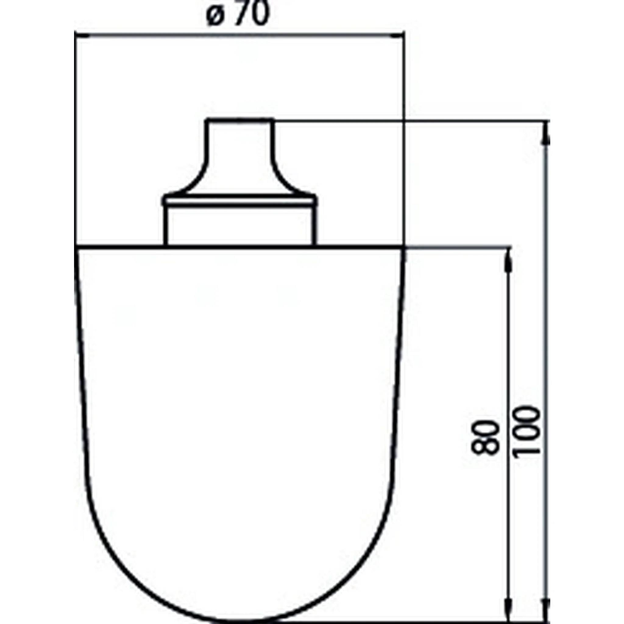 Technische Zeichnung eines zylindrischen Teils mit abgerundetem Boden und oberem Hals, gekennzeichnet mit Ø70 und 100 mm Höhe mit einer inneren Höhe von 80 mm.
