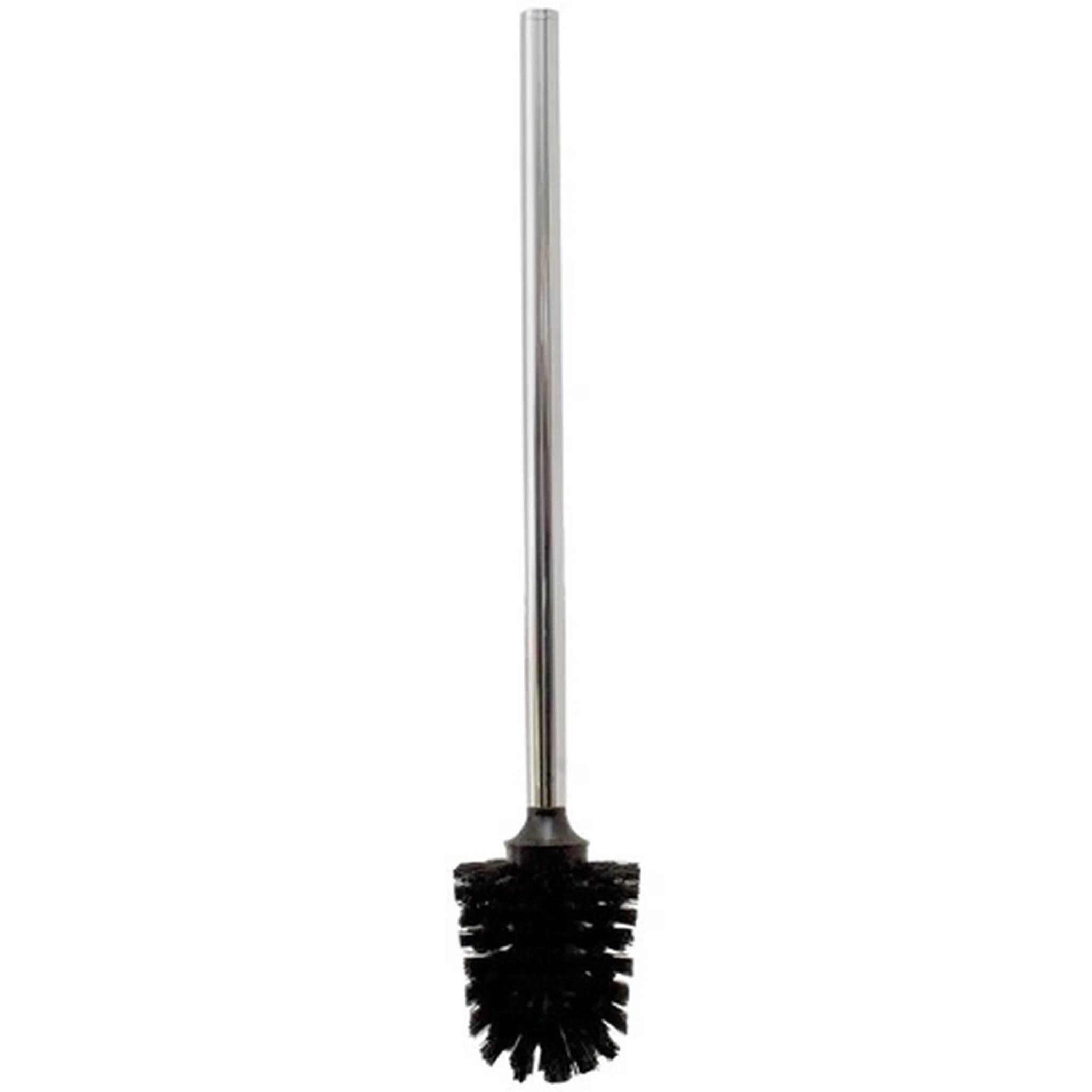 Schwarze Toilettenbürste mit langem silbernem Griff auf weißem Hintergrund.