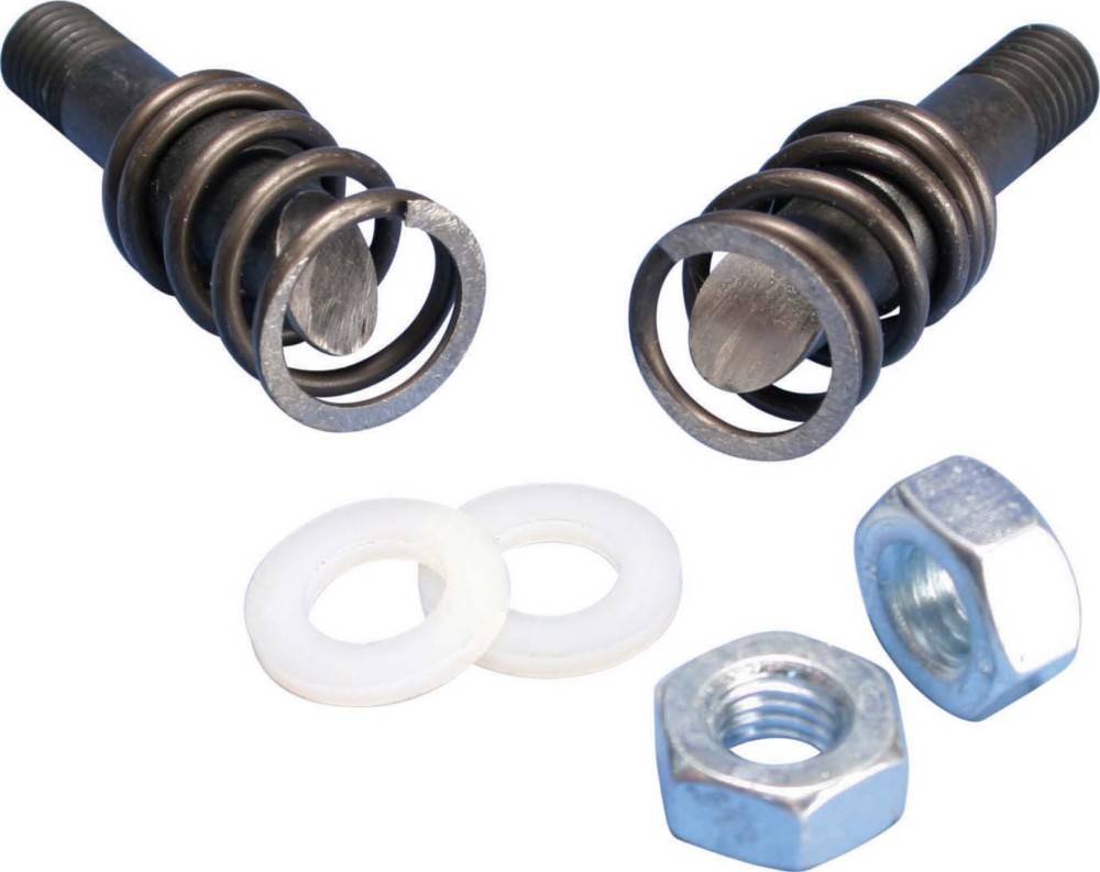 Zwei Metallfedern mit Unterlegscheiben und einer Mutter. Die Federn sind um Stangen gewickelt, und zwei weiße Unterlegscheiben befinden sich neben einer Sechskantmutter.