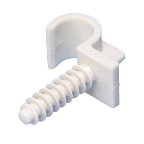 Eine weiße Kabelklemme mit einer Schraube, entwickelt zum Befestigen von Kabeln an Oberflächen. Die Klemme verfügt über einen U-förmigen Kopf und eine Gewindeschraube für einfache Installation.