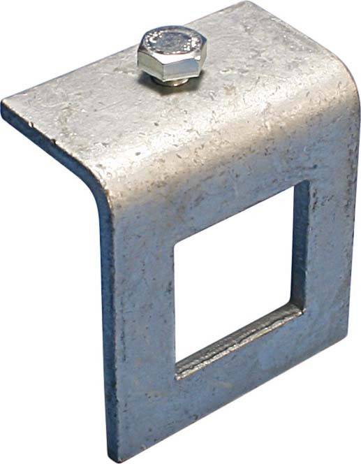 Metallhalterung mit quadratischer Ausnehmung und einem Bolzen an der Oberseite, die zur strukturellen Unterstützung beim Bauen oder bei Montagearbeiten verwendet wird.