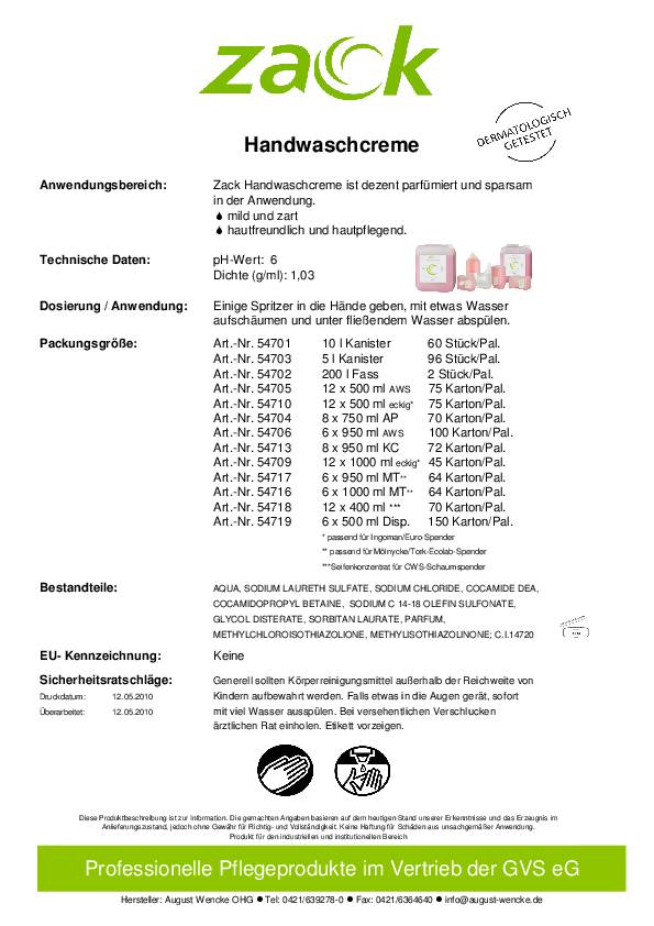 zack Handwaschcreme 4524 für CWS-Spender 500ml 12 St./Pack.