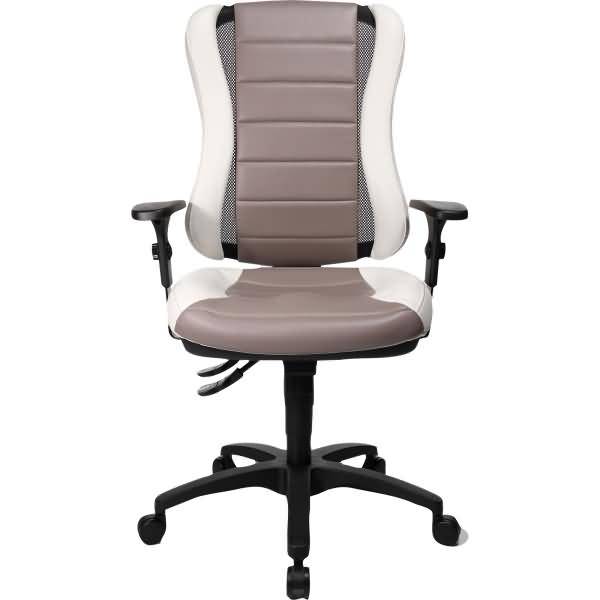 Bürostuhl mit schwarzem Untergestell und Rollen, grauem gepolstertem Sitz und Rückenlehne sowie verstellbaren Armlehnen auf weißem Hintergrund.