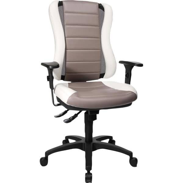 Ergonomischer Drehbarhocker mit gepolstertem grau-weißem Sitz und Rückenlehne, verstellbaren Armlehnen und schwarzem Rollensockel auf weißem Hintergrund