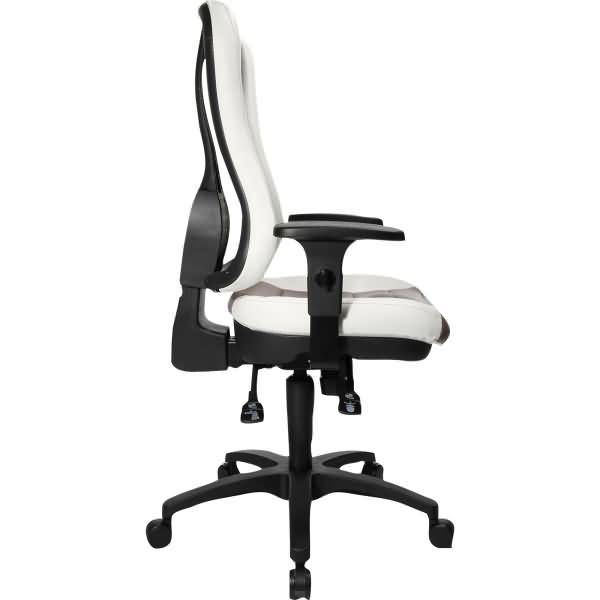 Schwarzweißer ergonomischer Bürostuhl mit Armlehnen und verstellbarer Basis, dargestellt in Seitenansicht auf Rollen.