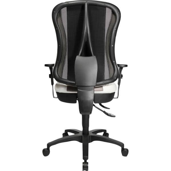 Schwarzer ergonomischer Bürostuhl von hinten gezeigt, mit Netzrückenlehne, verstellbaren Armlehnen und fünfteiliger Rollenbasis auf weißem Hintergrund.