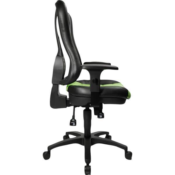 Schwarz-grüner ergonomischer Bürostuhl in Seitenansicht mit hoher Rückenlehne, Armlehnen, verstellbarem Sitz und fahrbarem Untergestell.