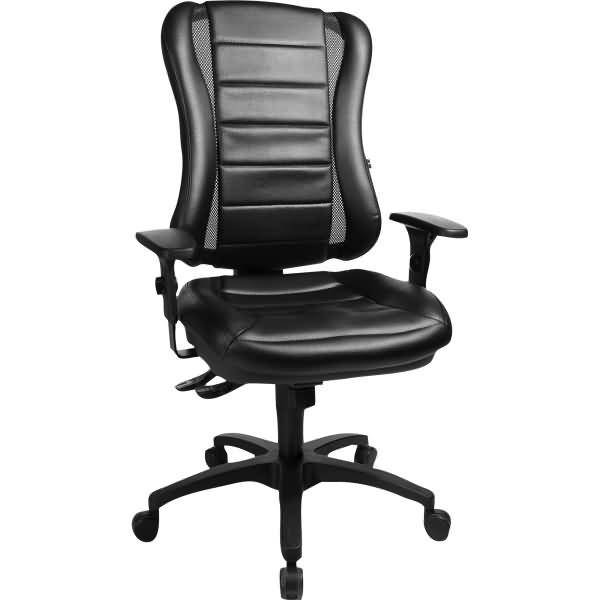 Schwarzer ergonomischer Bürostuhl mit gepolstertem Sitz und Rückenlehne, verstellbaren Armlehnen und fünfrädriger Basis auf weißem Hintergrund.
