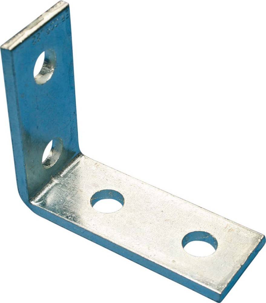 Eine L-förmige Metallhalterung mit vier Schraubenlöchern, die für strukturelle Unterstützung in Holz- oder Bauarbeiten konzipiert ist.