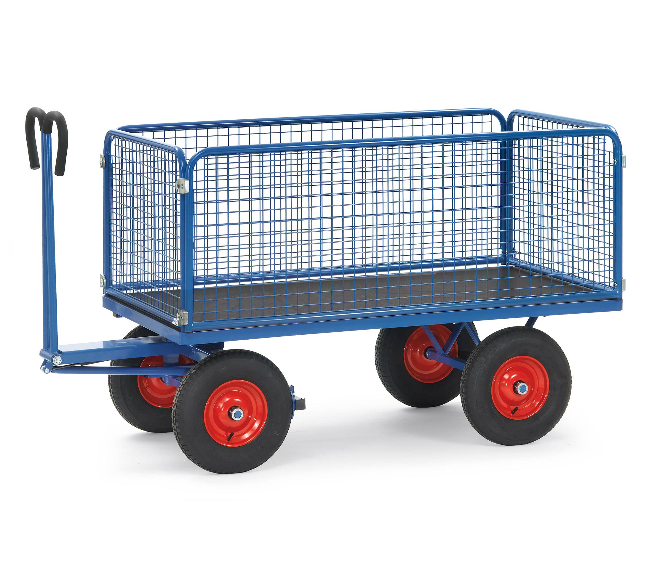 Fetra Handpritschenwagen 700kg Tragkraft mit Zugöse an der Deichsel, Drahtgitterwänden 600 mm hoch Luft-Bereifung 1200x800 mm