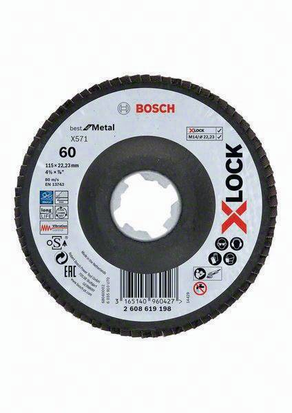 Fächerschleifscheibe X-LOCK BfM X571 D.115mm Körnung 60 abgew. m.Fibertragplatte