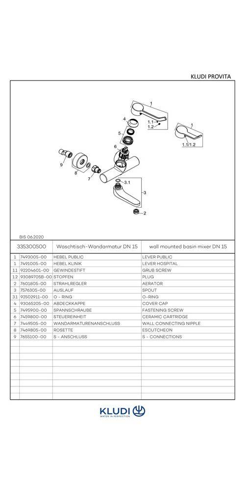 Explodierte technische Teilzeichnung für einen Kludi-Badezimmerhahn, mit nummerierten Komponenten und einer Teileliste für zwei Mischervarianten.