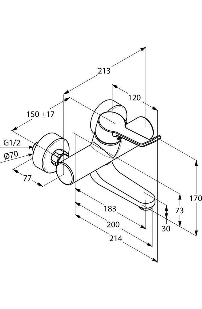 Isometrische technische Zeichnung einer wandmontierten Armatur/Wasserhahn mit Hebel, zeigend beschriftete Abmessungen einschließlich G1/2, Ø70, 213, 200, 183, 170 und 73.
