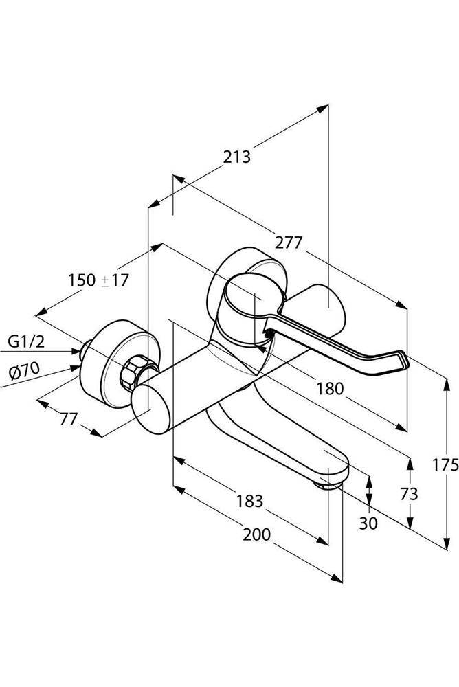 Technische Linienzeichnung eines Hebelhahns mit beschrifteten Montagemaßen, einschließlich 213, 277, 180, 175, 200, 183, 77, 73, 30, G1/2 und Ø70.