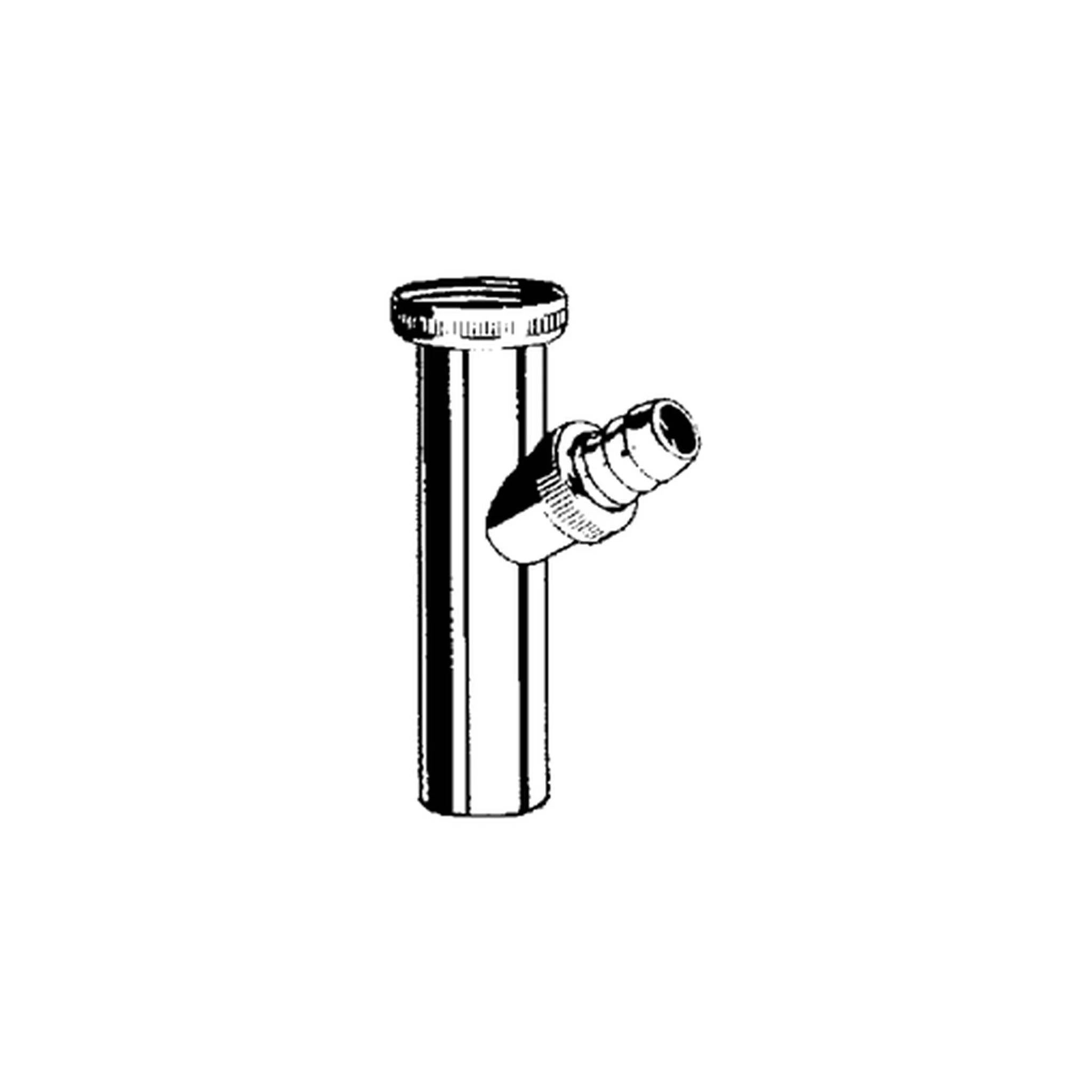 Schwarz-Weiß-Illustration einer Metallrohrverschraubung mit einem seitlichen Winkelverbinder, dargestellt auf einem einfachen Hintergrund.