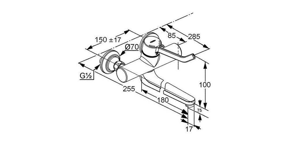 Technische Strichzeichnung eines wandmontierten Wasserhahns mit zwei Griffen, mit Installationsabmessungen und Anschlussgrößenangabe 