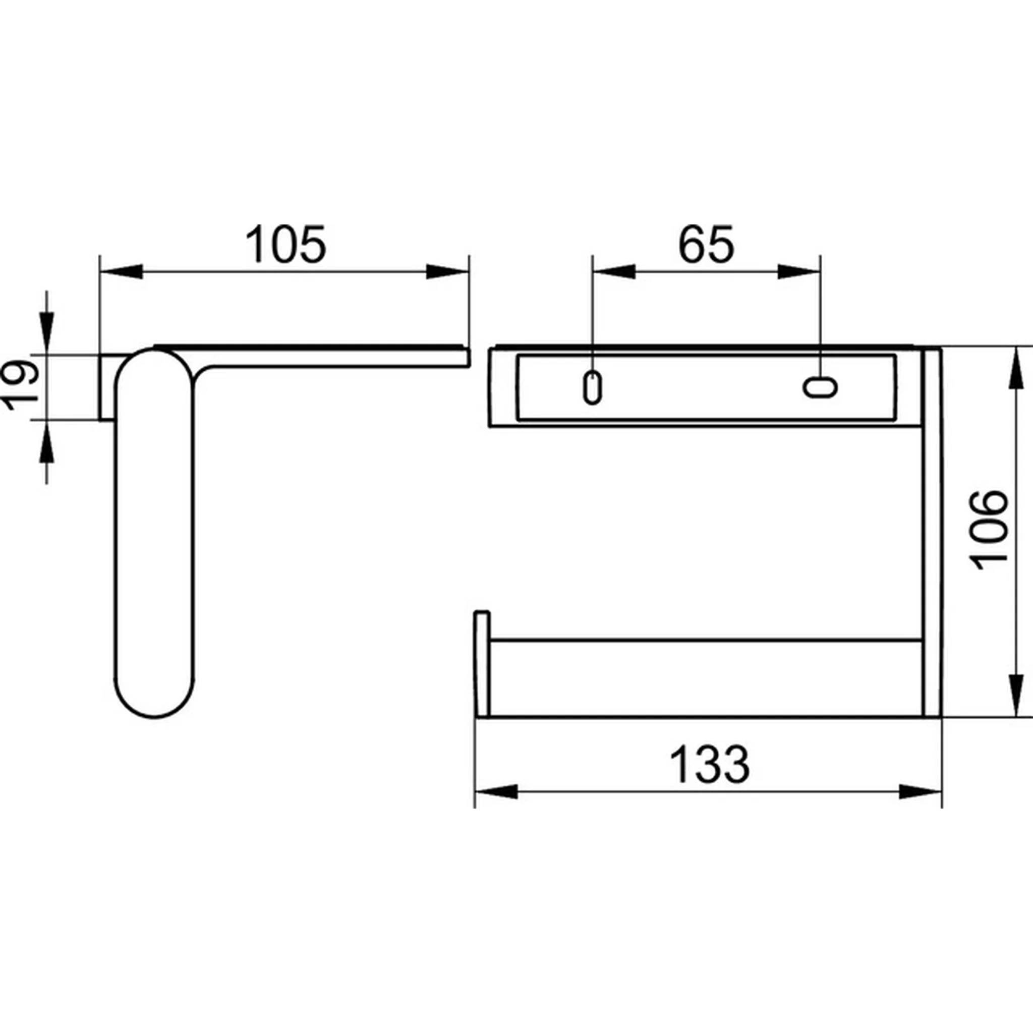 Technische Maßzeichnung einer Metallhalterung oder Griffbaugruppe mit Seiten- und Vorderansicht und Abmessungen 105, 65, 19, 106 und 133.