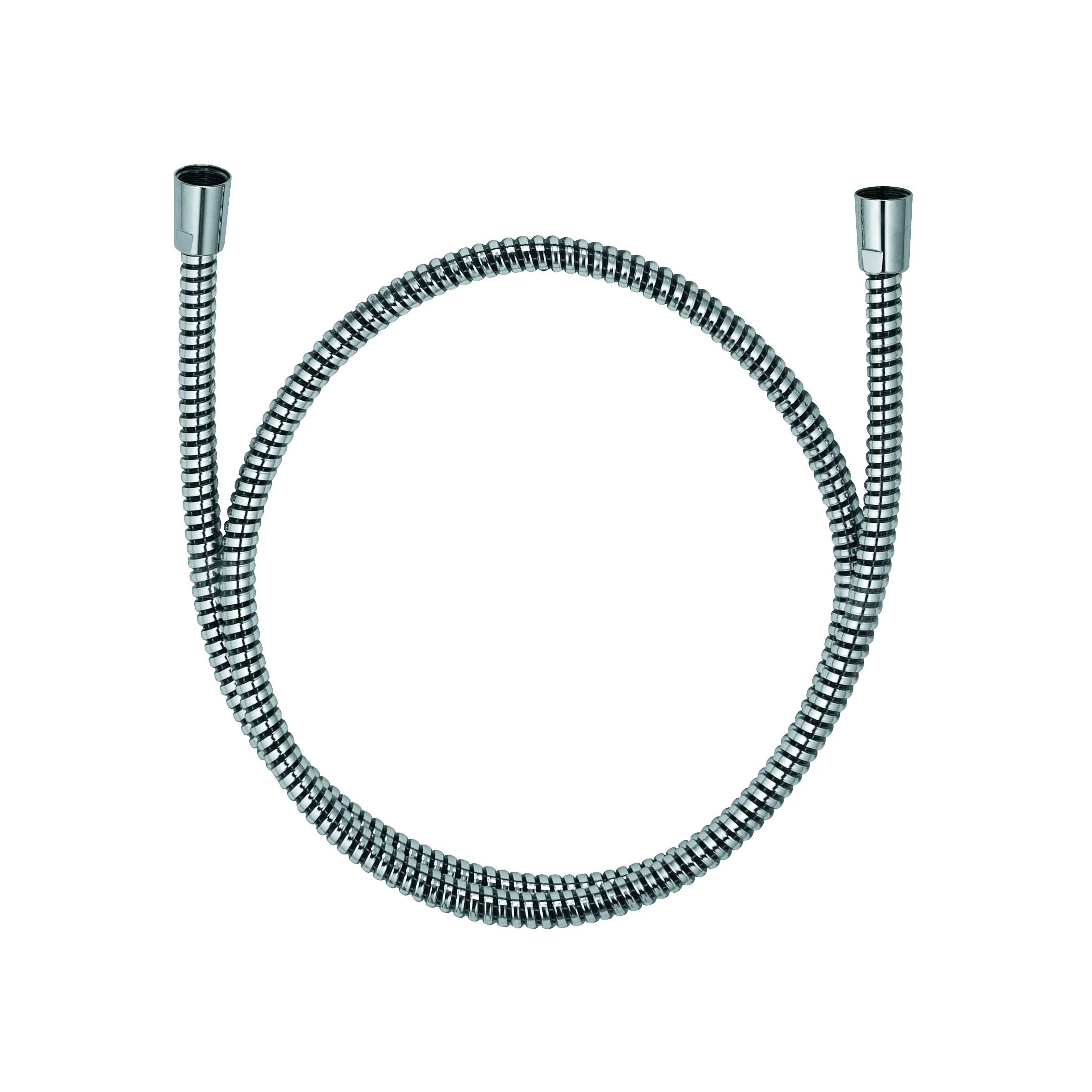Aufgerollter Metallflexibleschlauch mit Gewinde-Anschlüssen an beiden Enden auf weißem Hintergrund.