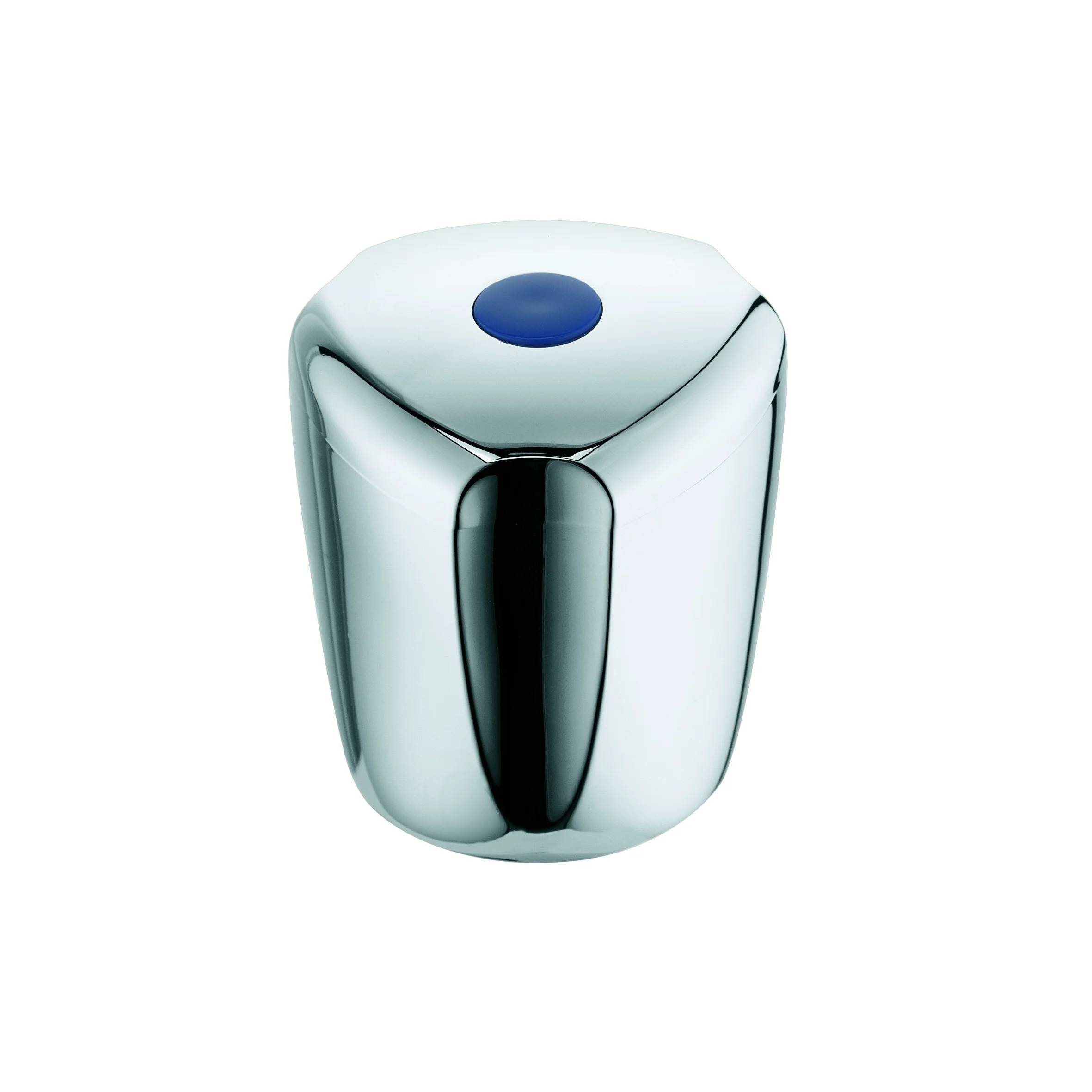 Chrome-Toilettenspülknopf mit blauem Mittelteil, gezeigt auf weißem Hintergrund.