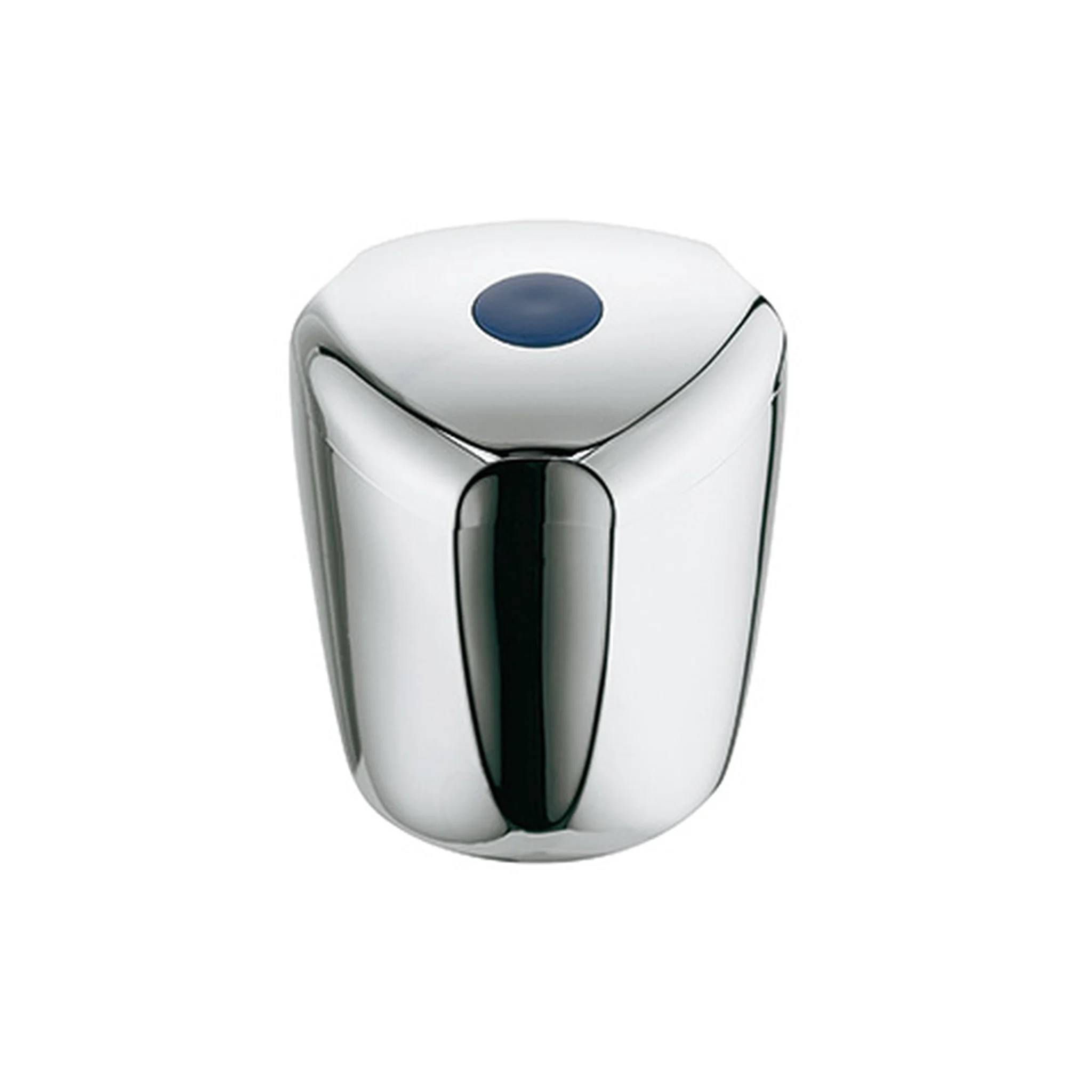 Chrome-plattierter zylindrischer Druckknopf mit blauer Oberseite, dargestellt auf einem einfachen weißen Hintergrund.
