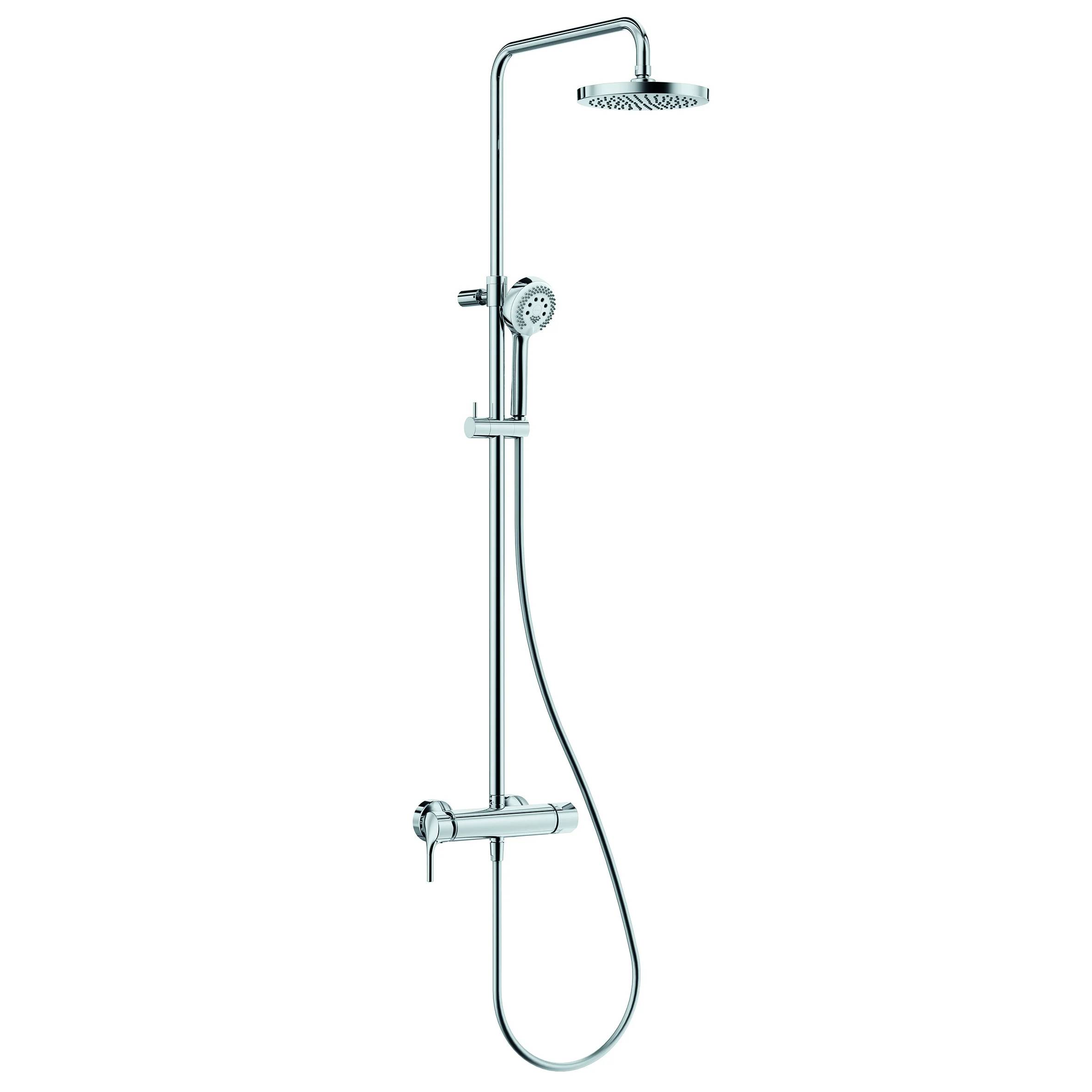 Chrome-Duschsystem mit Overhead-Regenduschkopf, tragbarem Sprühkopf und Mischbatterie auf weißem Hintergrund.