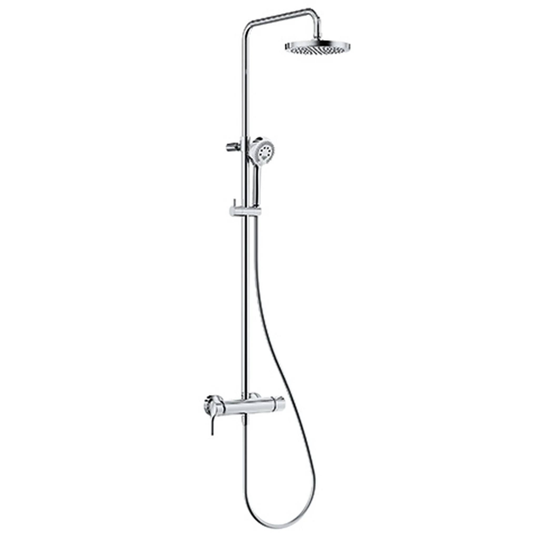 Chrom-Duschsystem mit Overhead-Regenfallduschkopf, tragbarem Sprühkopf und Mischventil auf weißem Hintergrund.