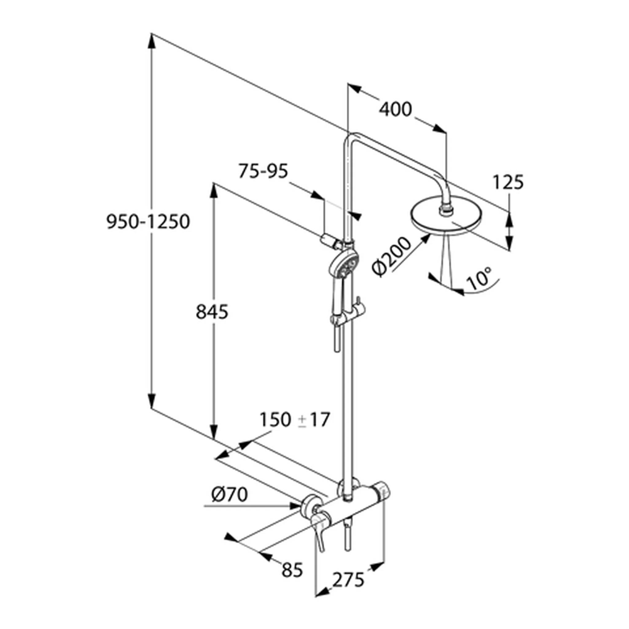 Technisches Diagramm eines Douchesystems mit Abmessungen und Winkeln, einschließlich eines Höhenbereichs von 950-1250 mm, einer Armlänge von 400 mm und einem Duschkopfdurchmesser von 200 mm.