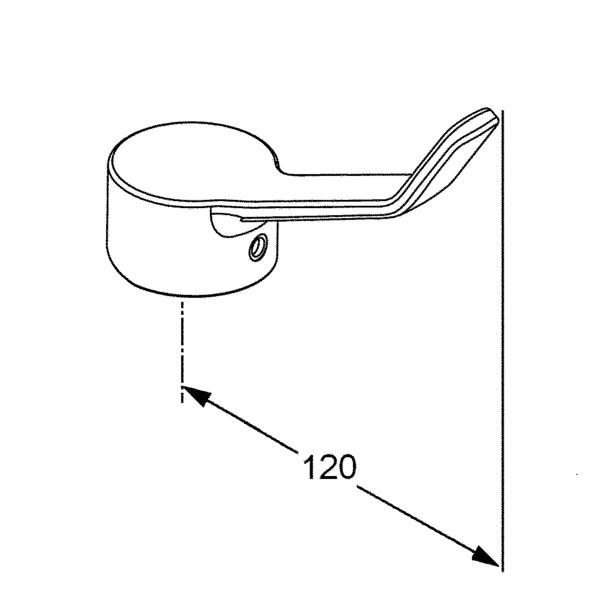 Patent-artiges Diagramm eines gekrümmten Hebelarms, der mit einer zylindrischen Basis verbunden ist und einen Winkel von 120° zwischen dem Arm und einer vertikalen Referenzlinie zeigt.