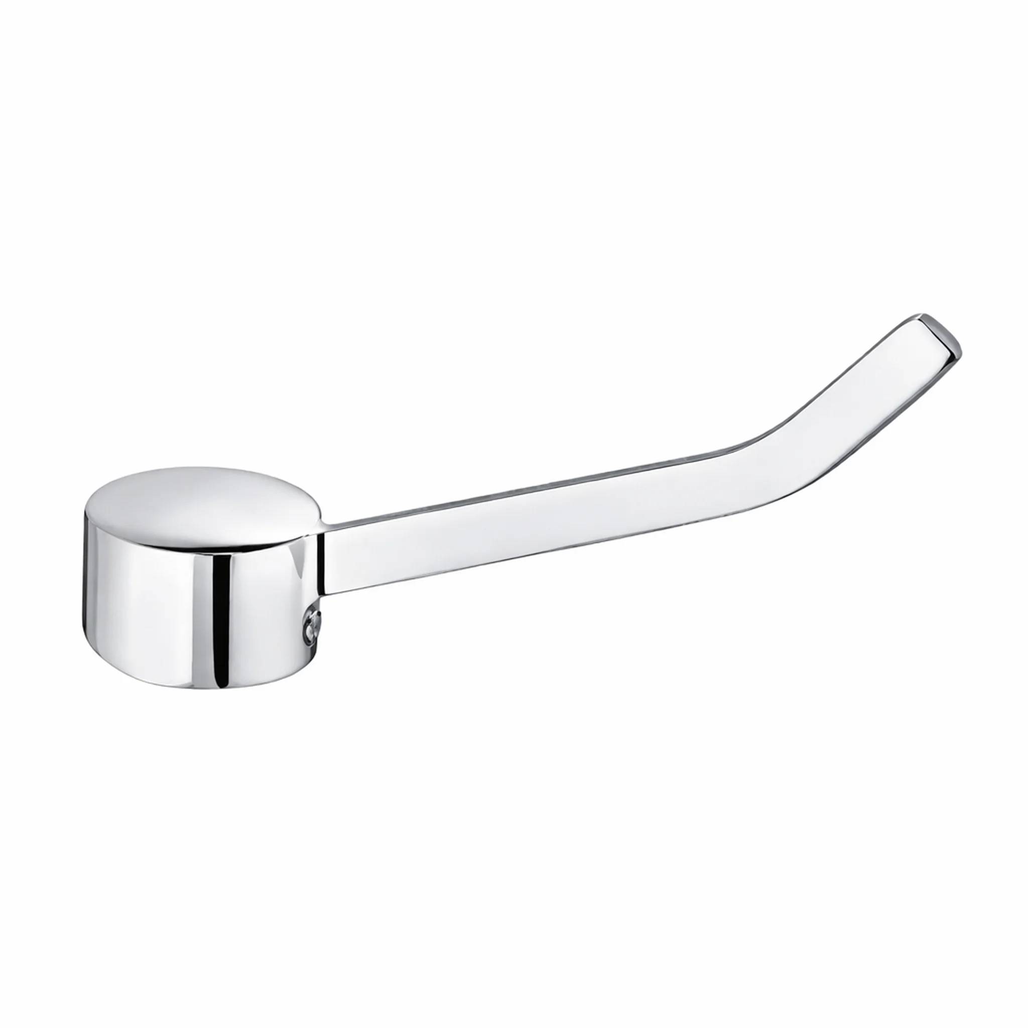 Verchromter Metallhebel mit rundem Sockel und abgewinkeltem Arm, isoliert auf weißem Hintergrund dargestellt.