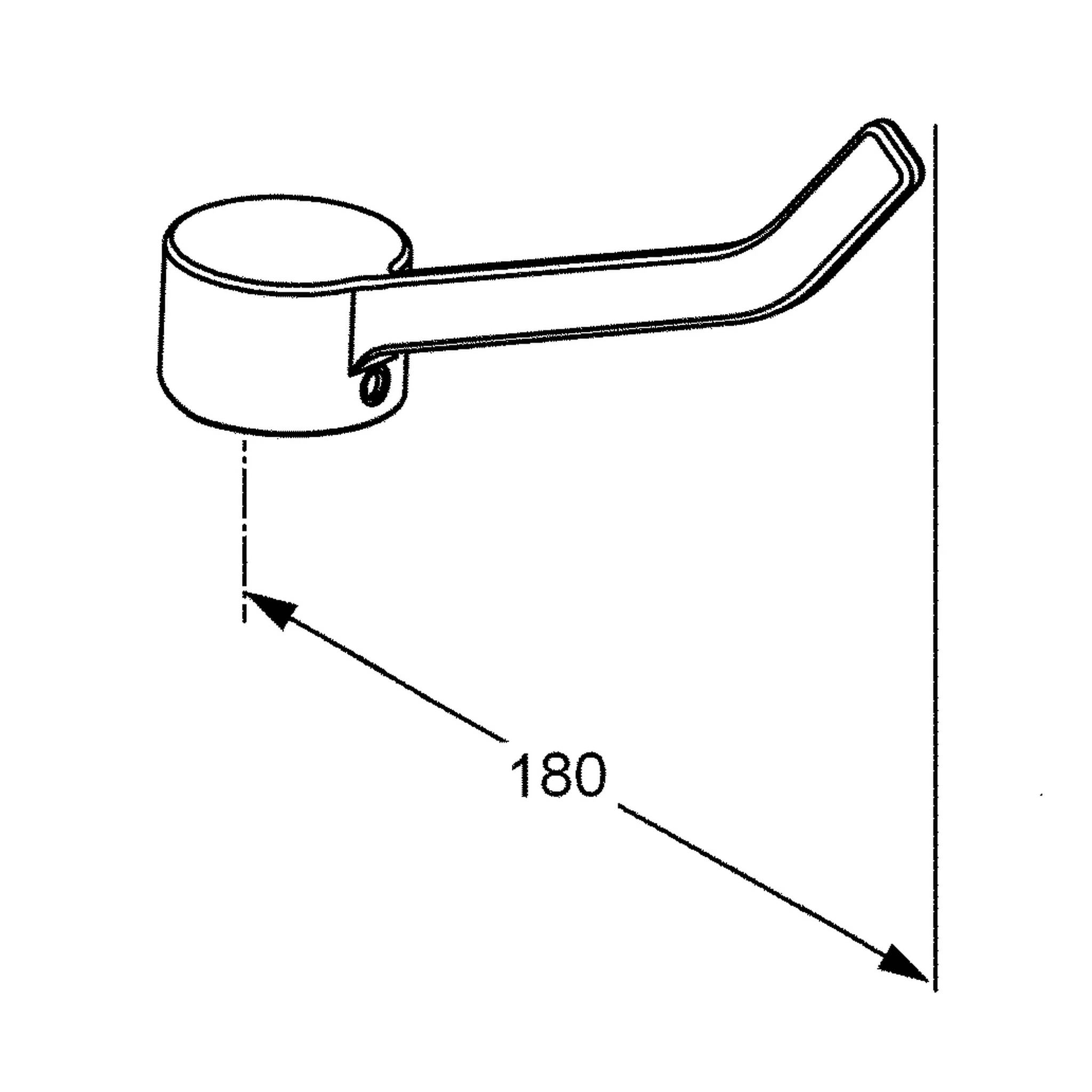 Seitenansicht eines Hebels, der sich um 180 Grad von einer zylindrischen Basis aus dreht, gezeigt mit einem diagonalen Pfeil, der den Bewegungsbereich angibt.