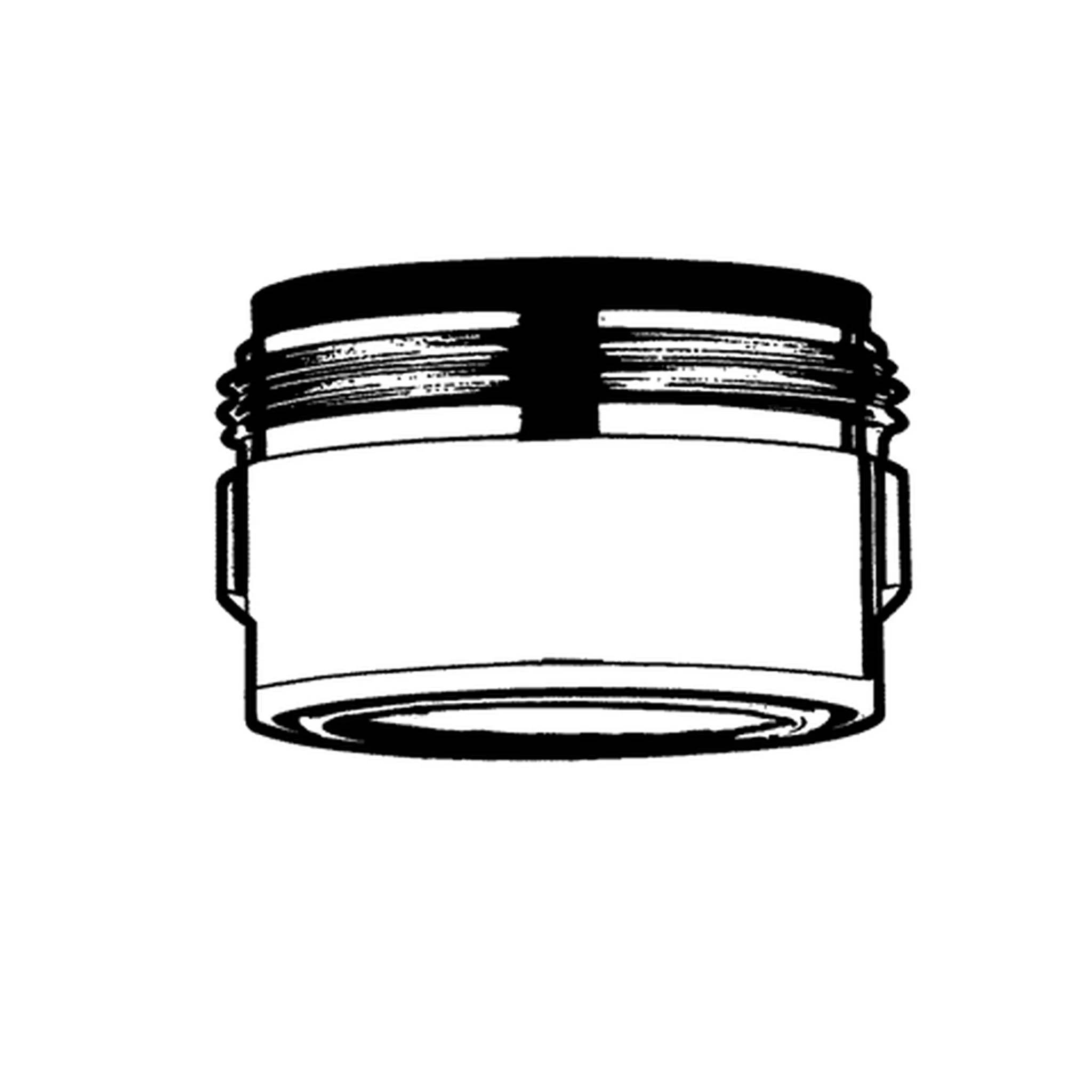 Schwarz-Weiß-Illustration eines kleinen verschraubten Glases oder Behälters mit leerem Etikett und aufschraubbarem Deckel, zentriert auf weißem Hintergrund dargestellt.