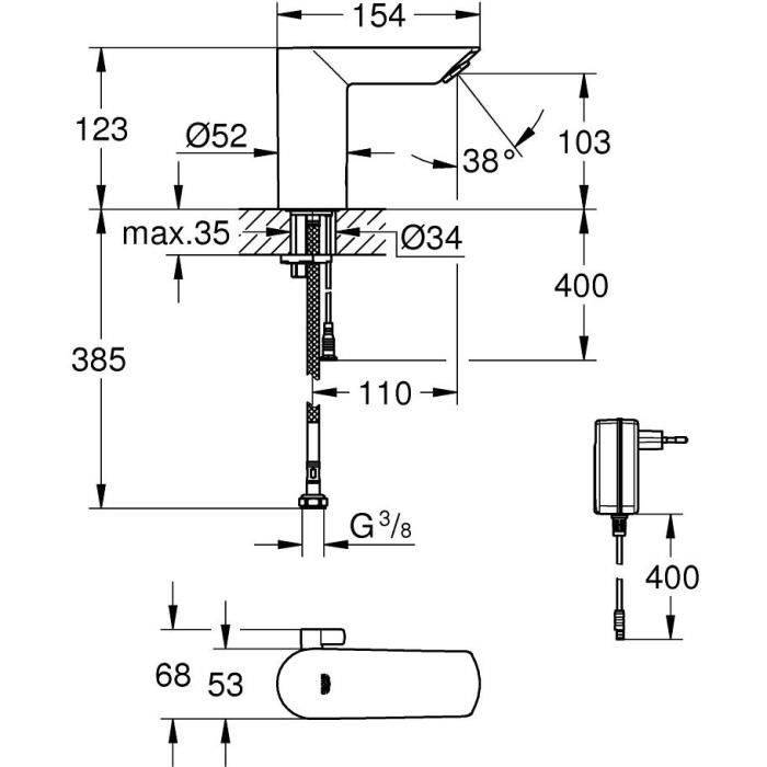 GROHE Infrarot-Waschtischmischer Bau Cosmopolitan E 1/2 36453000 - 7 Programme-Mit Trafo-Temperaturbegrenzer-Chrom