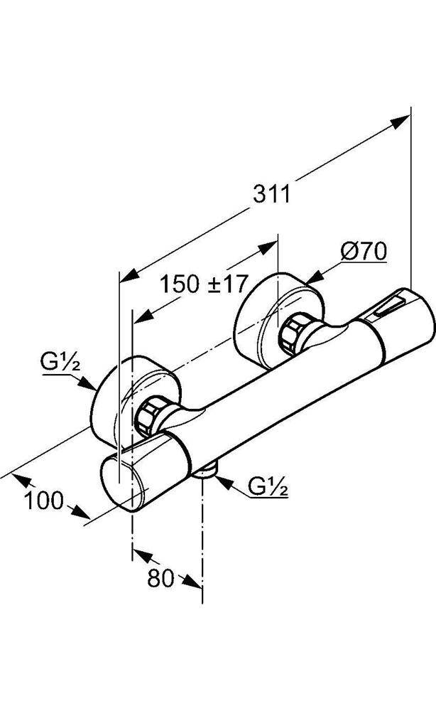 Technische Zeichnung einer wandmontierten zylindrischen Sanitärarmatur mit zwei G1/2-Anschlüssen, mit den Maßen 311, 150 ±17, Ø70, 100 und 80.