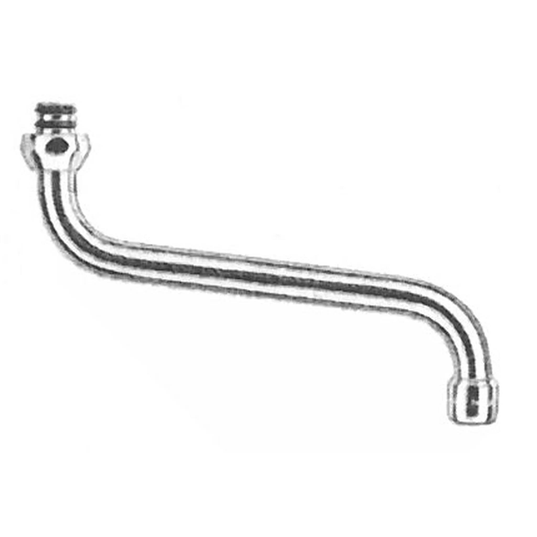 Gebogenes Metall-Rohr oder Schlauchverbinder mit Flanschverbinder an einem Ende und Gewinde am anderen Ende.